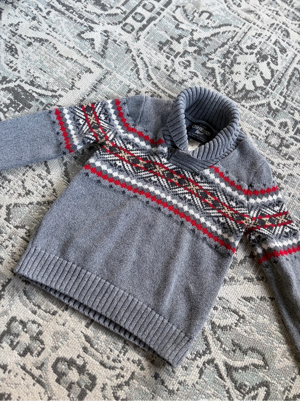 OshKosh B'gosh Gray Turtleneck Fair Isle Sweater with Red Accents